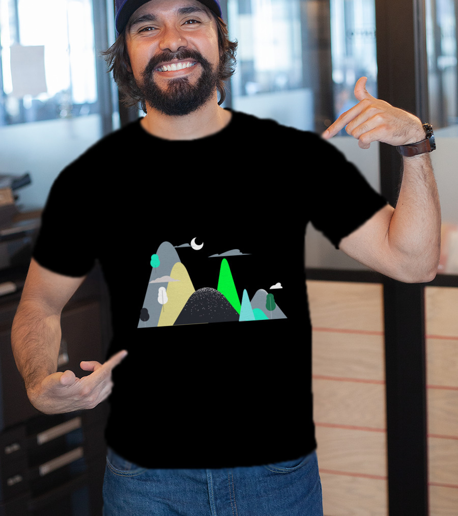 Mountains Moon Night Scene With Trees And Clouds T-Shirt