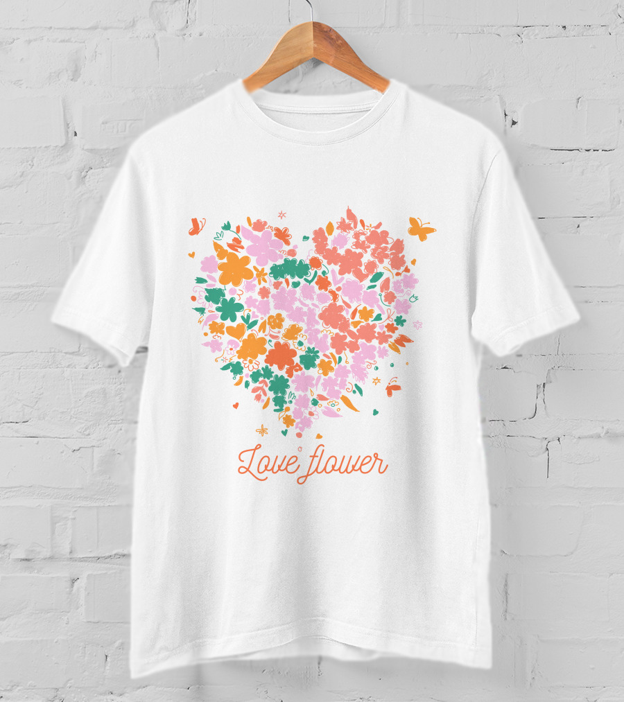 Love Flower Heart With Colorful Floral Pattern And Butterflies T-Shirt