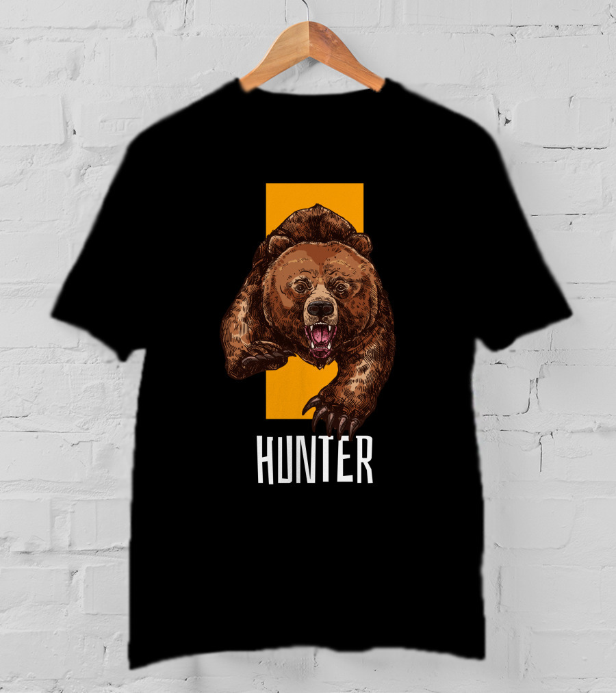Hunter Bear With Aggressive Roar On Vertical Yellow Stripe T-Shirt