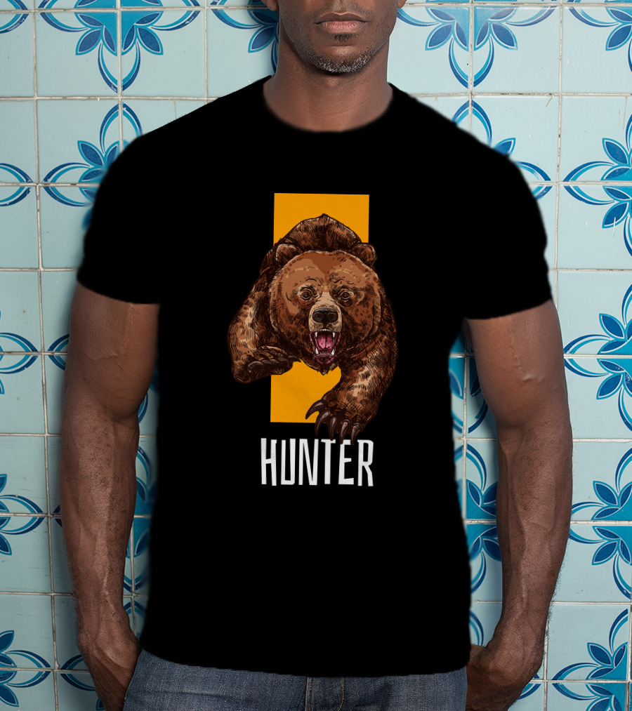 Hunter Bear With Aggressive Roar On Vertical Yellow Stripe T-Shirt