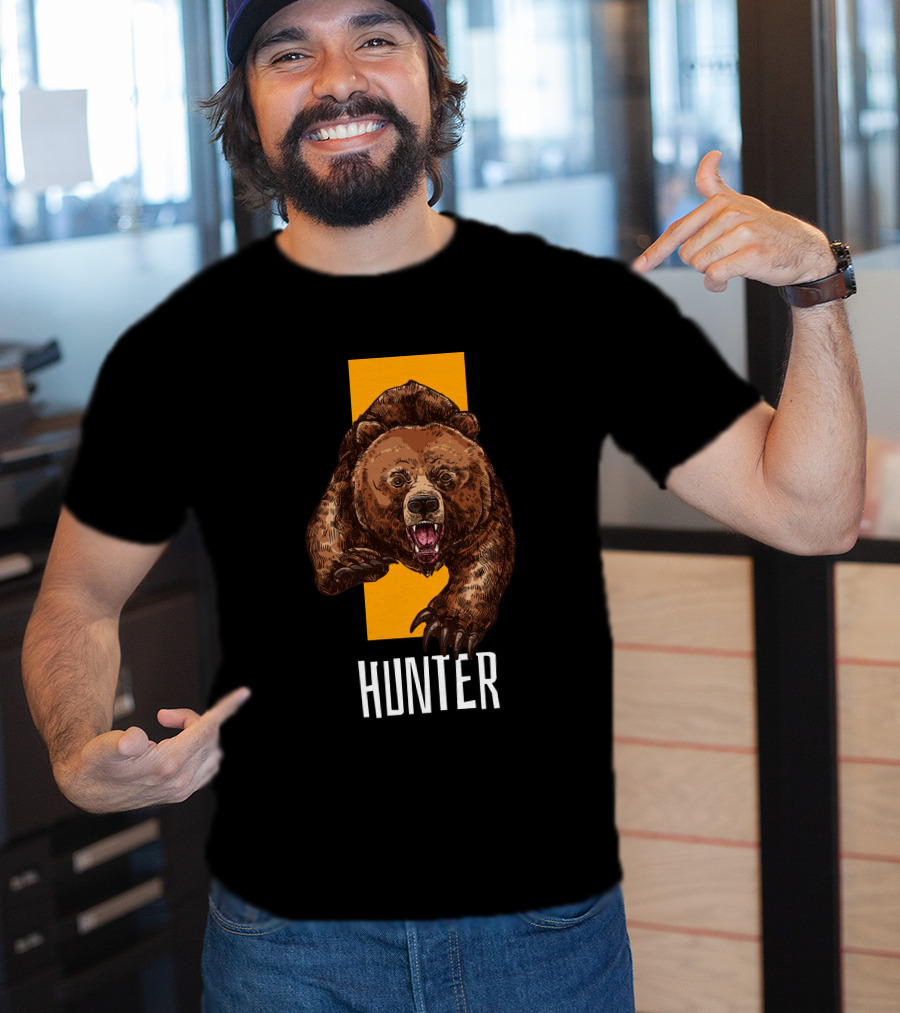 Hunter Bear With Aggressive Roar On Vertical Yellow Stripe T-Shirt
