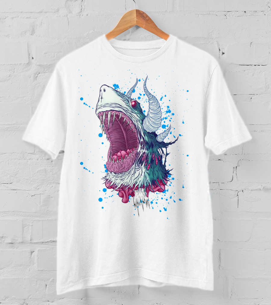 Monster Shark Scream With Horns And Splatter T-Shirt