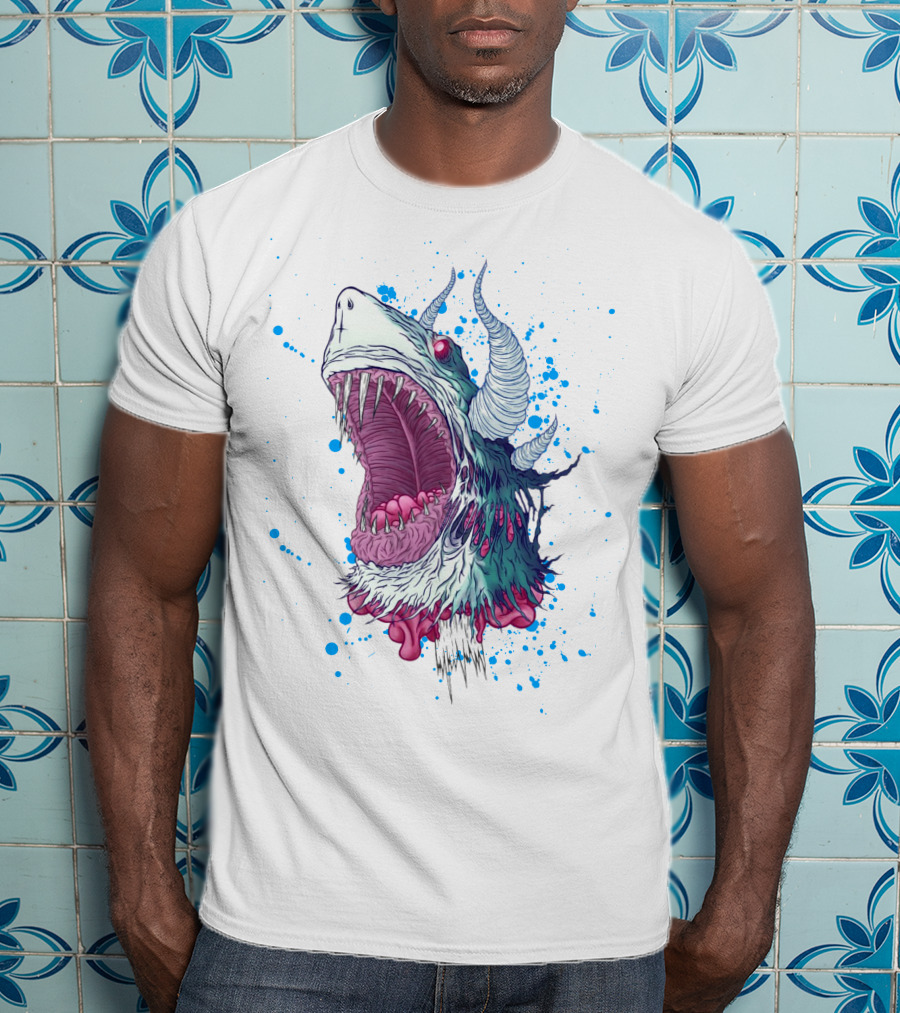 Monster Shark Scream With Horns And Splatter T-Shirt