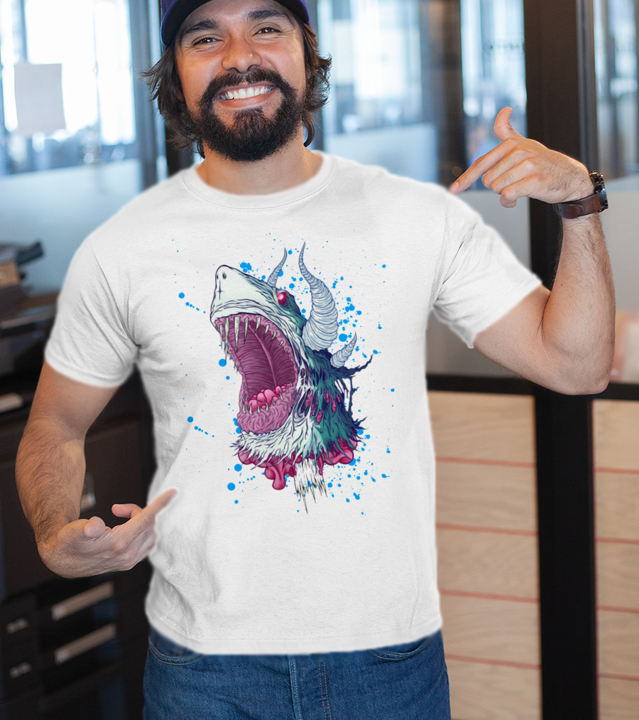 Monster Shark Scream With Horns And Splatter T-Shirt