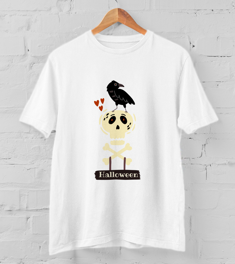 Halloween Skeleton Skull With Raven And Hearts T-Shirt