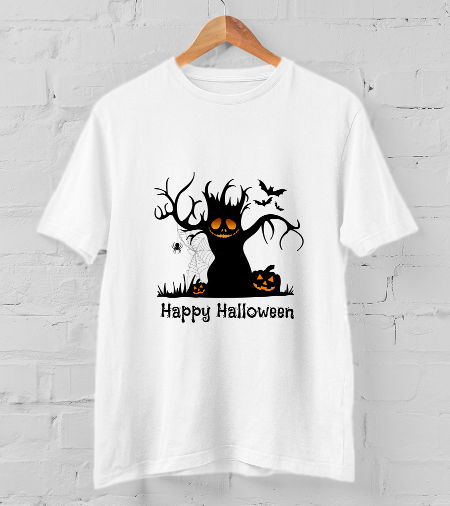 Happy Halloween Tree With Pumpkins, Bats, And Spiderweb T-Shirt