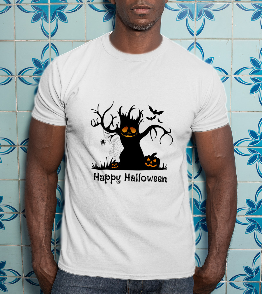 Happy Halloween Tree With Pumpkins, Bats, And Spiderweb T-Shirt