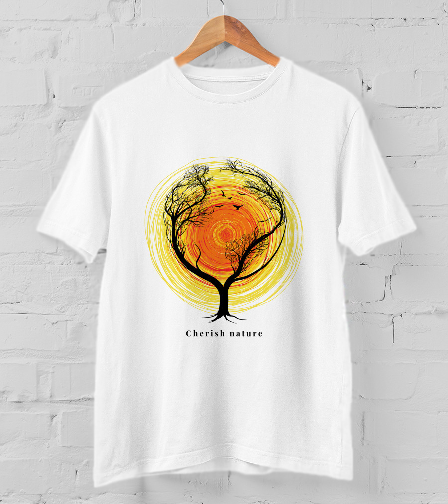 Cherish Nature Tree Silhouette With Birds And Vibrant Spiral Sun T-Shirt