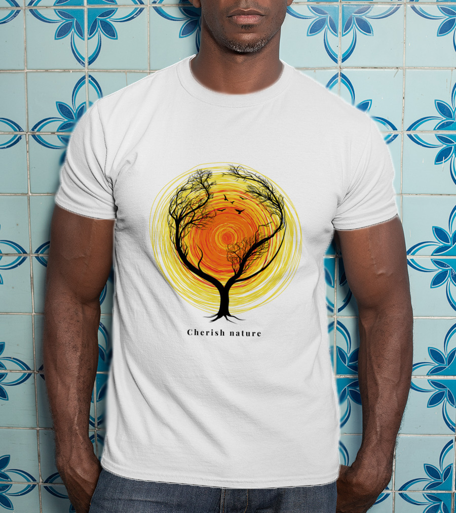 Cherish Nature Tree Silhouette With Birds And Vibrant Spiral Sun T-Shirt