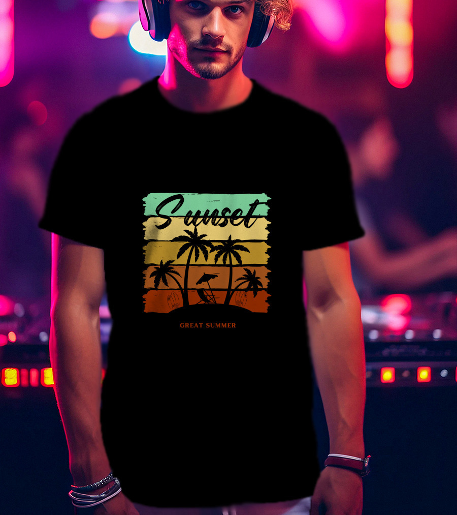Sunset Great Summer Palm Trees Beach Scene T-Shirt