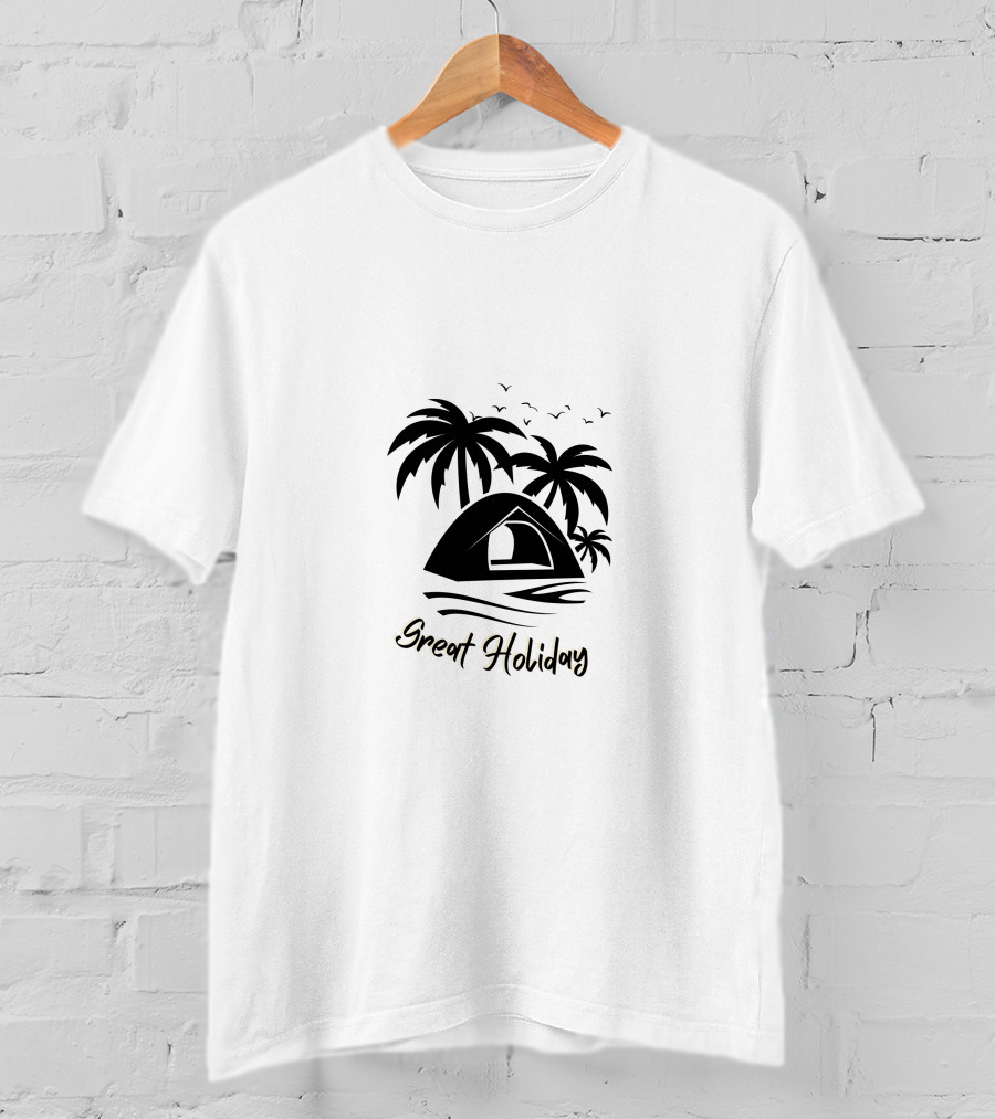 Great Holiday Camping Beach Tent Palm Trees Seagulls T-Shirt