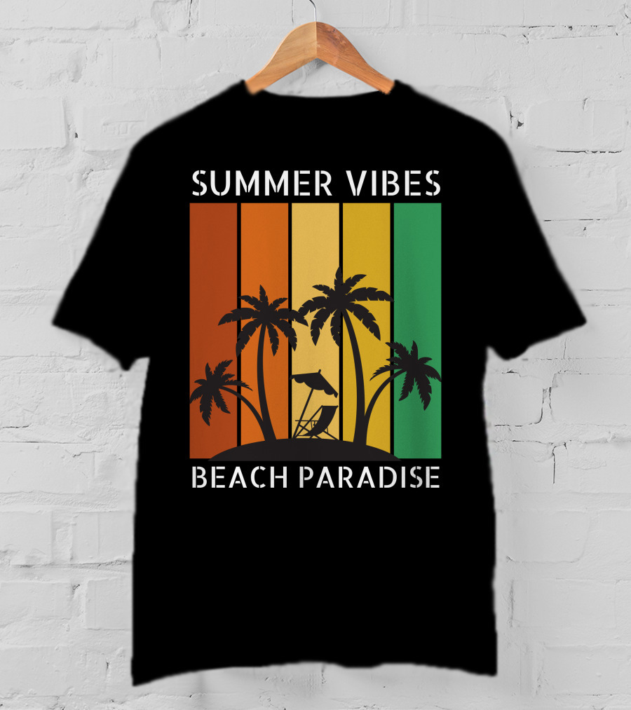 SUMMER VIBES BEACH PARADISE Palm Trees And Lounge Chair On Sunset Stripes T-Shirt