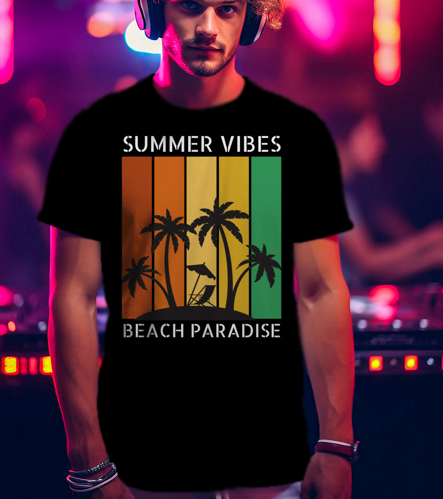 SUMMER VIBES BEACH PARADISE Palm Trees And Lounge Chair On Sunset Stripes T-Shirt