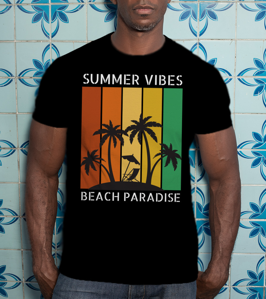 SUMMER VIBES BEACH PARADISE Palm Trees And Lounge Chair On Sunset Stripes T-Shirt