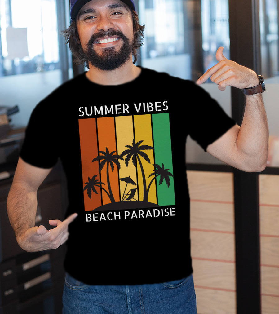 SUMMER VIBES BEACH PARADISE Palm Trees And Lounge Chair On Sunset Stripes T-Shirt