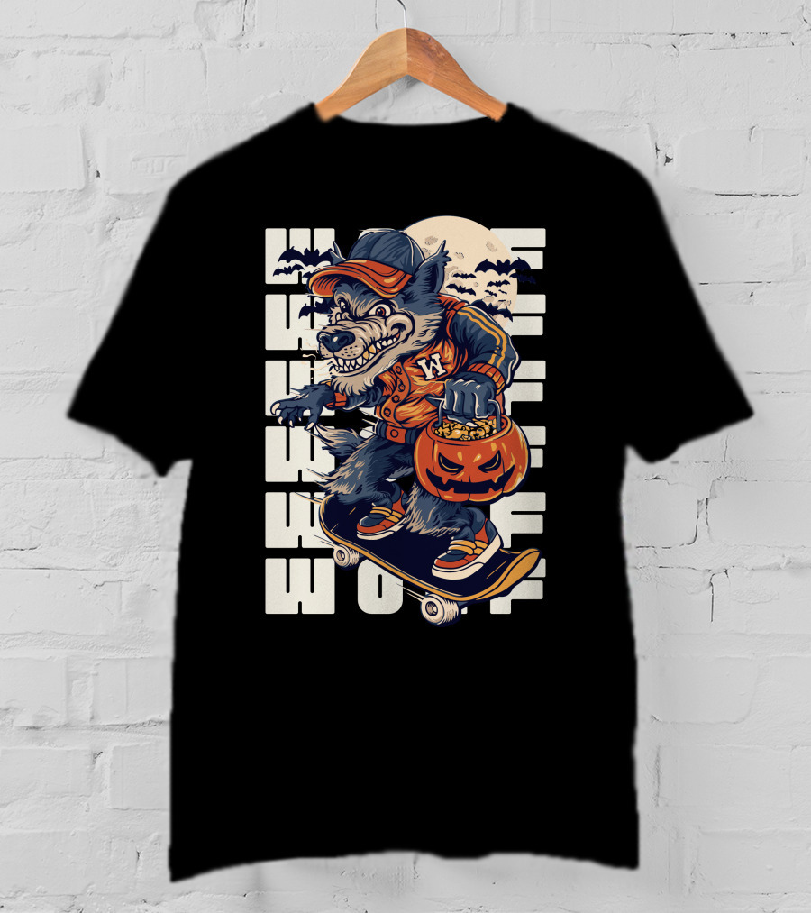 Wolf Trick-or-Treat Skateboarder With Pumpkin And Moon T-Shirt