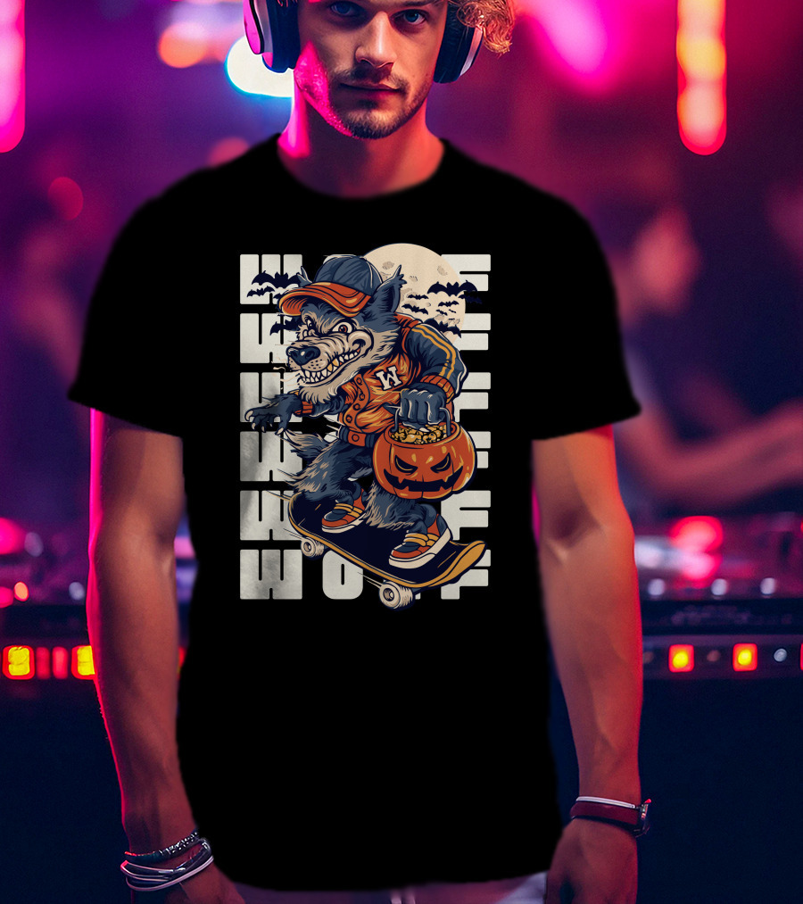 Wolf Trick-or-Treat Skateboarder With Pumpkin And Moon T-Shirt