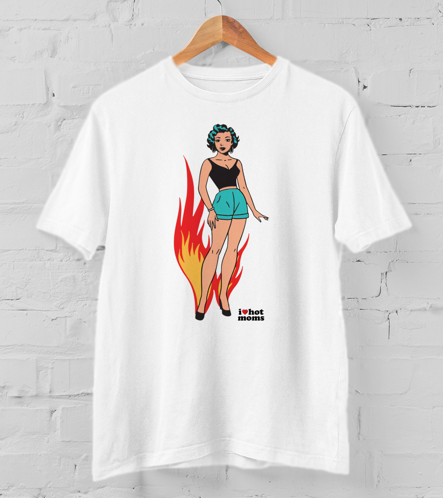 I Heart Hot Moms Vintage Comic Style Flame Background T-Shirt