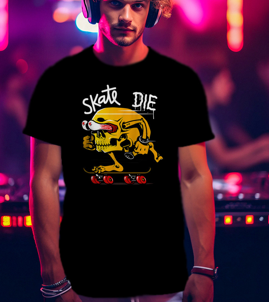 Skate Or Die Thrill-Seeking Skull On Skateboard T-Shirt