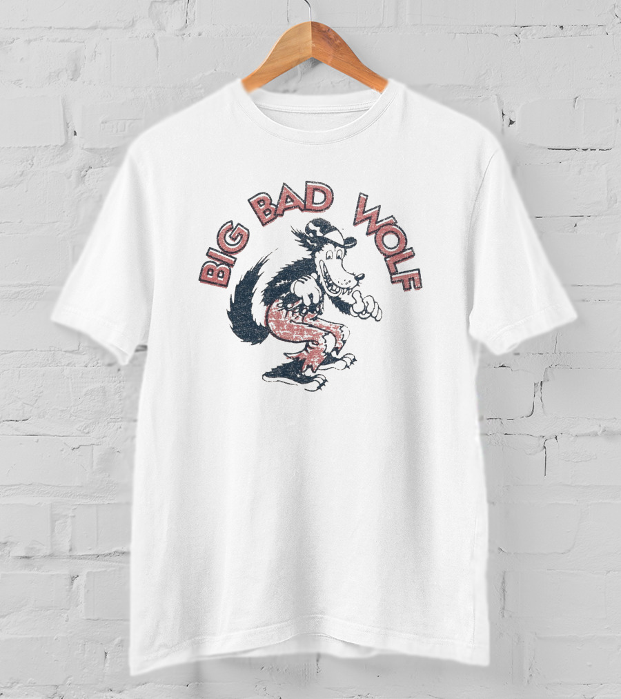 Big Bad Wolf Cartoon Character Walking In Red Pants And Hat T-Shirt