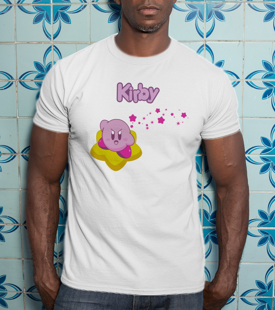Kirby On Star With Pink Sparkling Stars Trail T-Shirt