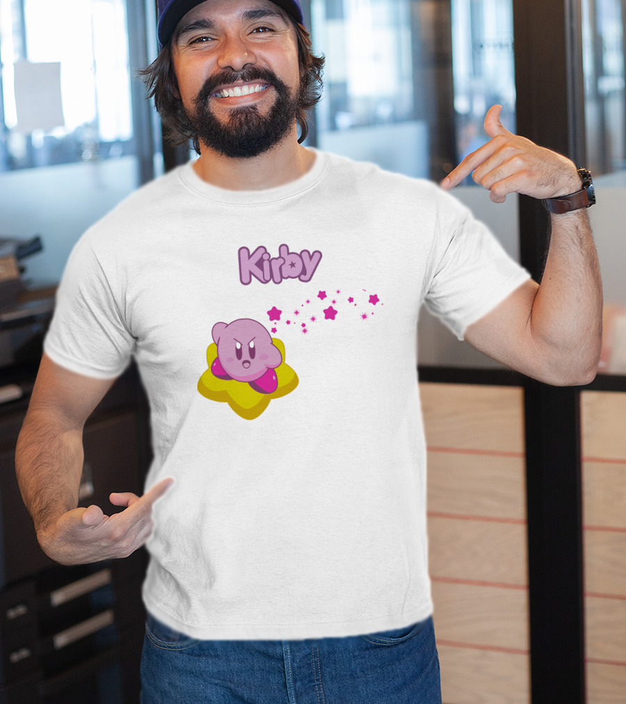Kirby On Star With Pink Sparkling Stars Trail T-Shirt
