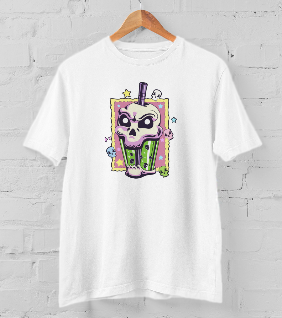 Kawaii Creepy Skull Boba Bubble Stars Pastel Skulls T-Shirt