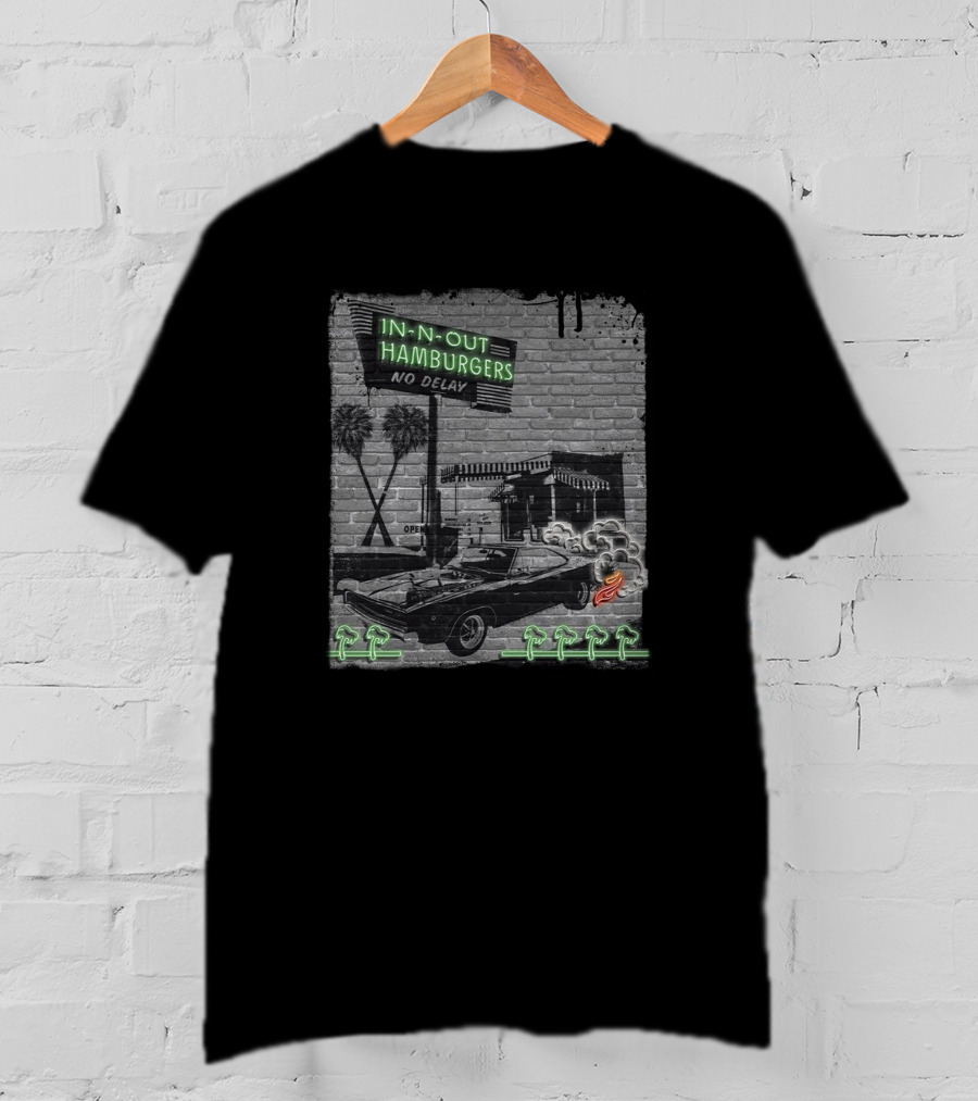 In-N-Out Hamburgers No Delay Neon Classic Car And Palm Trees T-Shirt