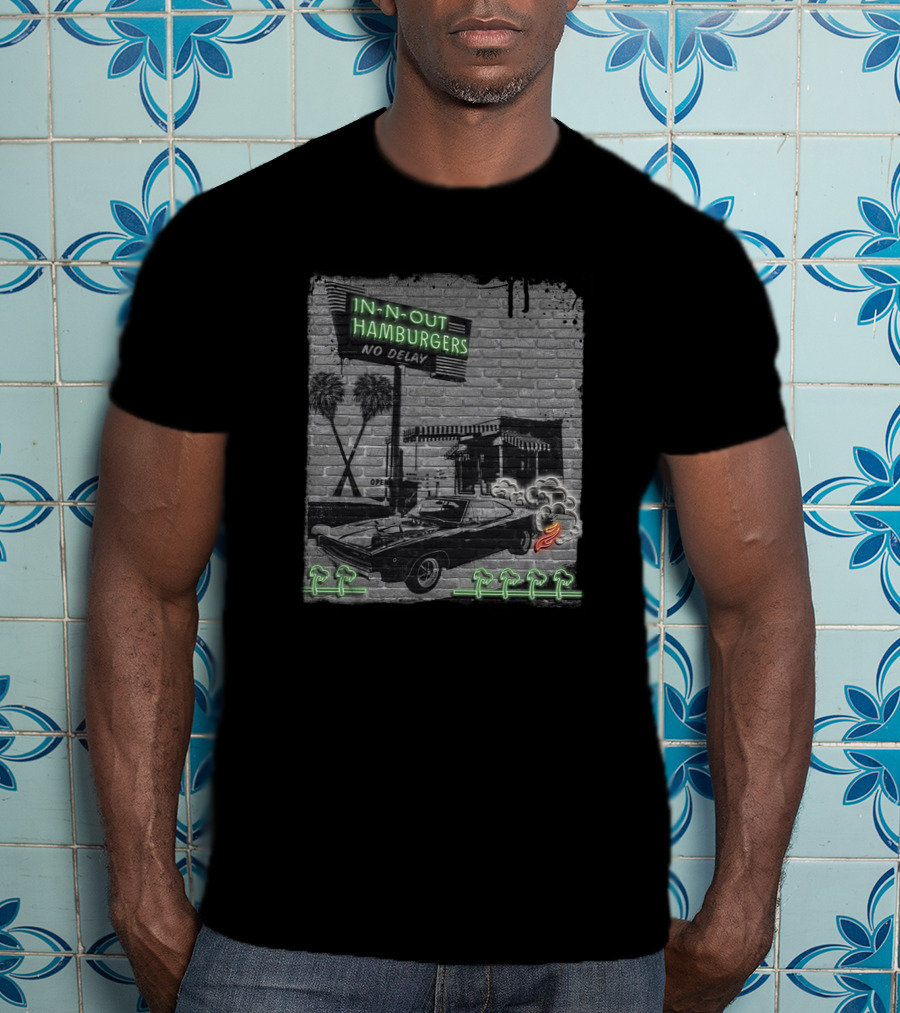 In-N-Out Hamburgers No Delay Neon Classic Car And Palm Trees T-Shirt