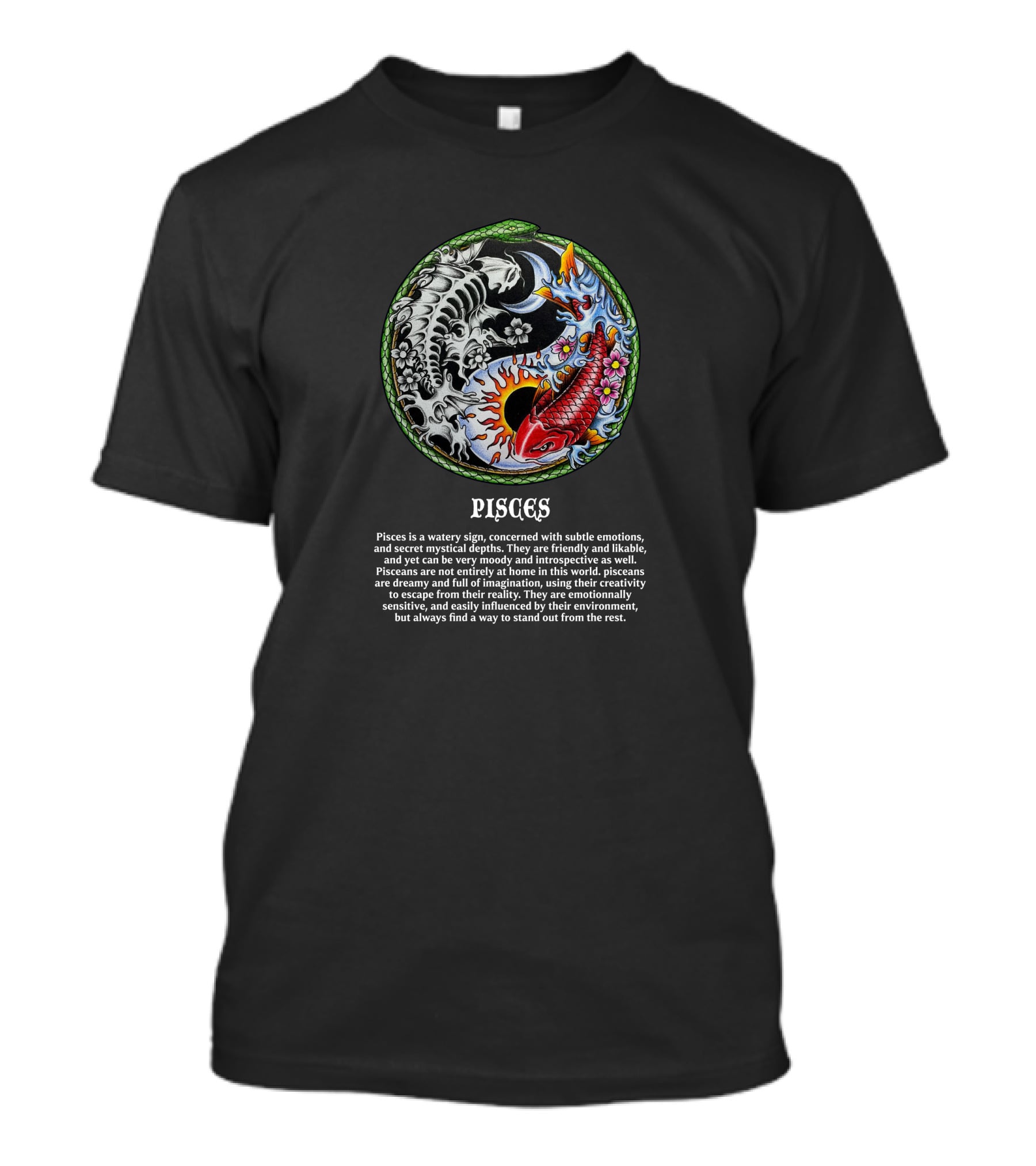 Pisces Koi Fish Yin Yang Floral Tattoo T-Shirt