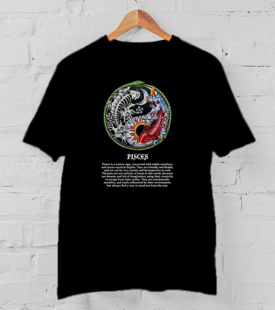 Pisces Koi Fish Yin Yang Floral Tattoo T-Shirt