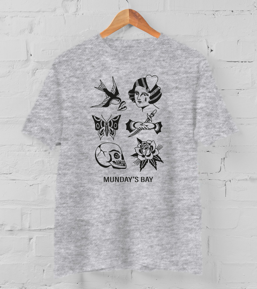 Munday's Bay Traditional Tattoo Style Icons Butterfly Skull Rose Swallow Woman Dagger T-Shirt