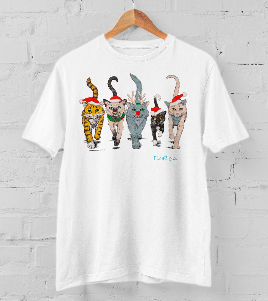 Festive Florida 90s Christmas Cats Holiday Santa Hats And Reindeer Antlers T-Shirt