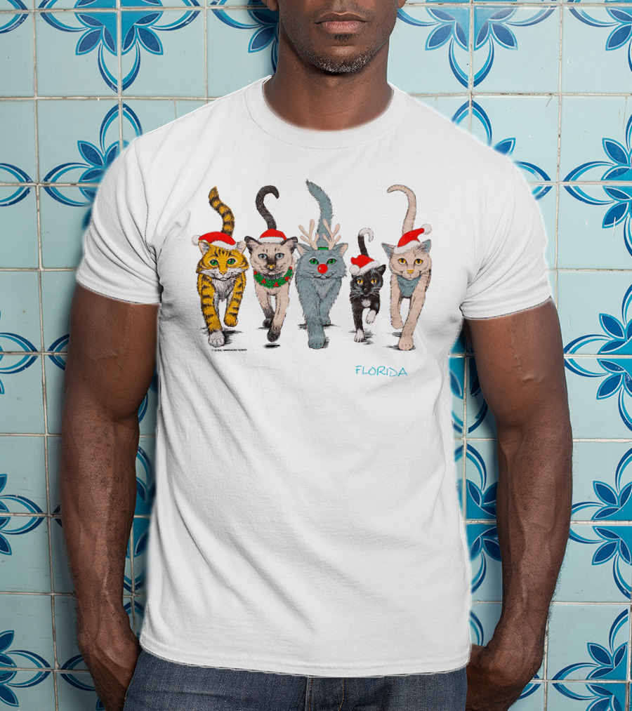 Festive Florida 90s Christmas Cats Holiday Santa Hats And Reindeer Antlers T-Shirt