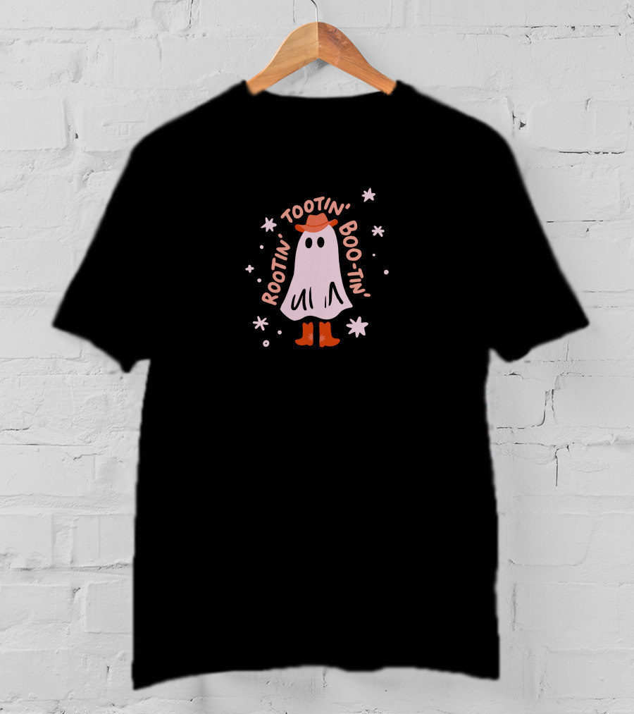 Rootin Tootin Boo Tin Ghost With Cowboy Hat And Boots Surrounded By Stars T-Shirt