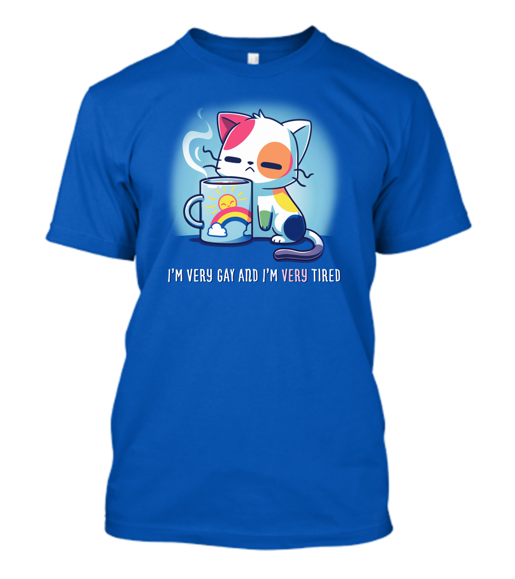 I'm Very Gay And I'm Very Tired Cat With Coffee And Rainbow Sun Cup T-Shirt