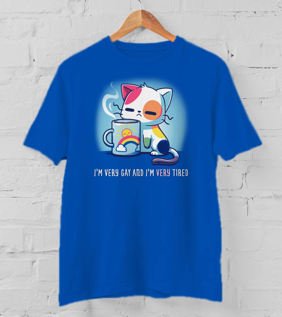 I'm Very Gay And I'm Very Tired Cat With Coffee And Rainbow Sun Cup T-Shirt