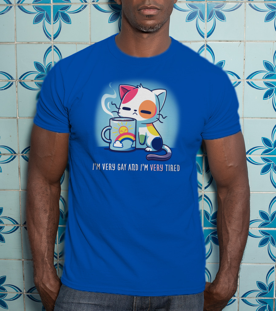 I'm Very Gay And I'm Very Tired Cat With Coffee And Rainbow Sun Cup T-Shirt
