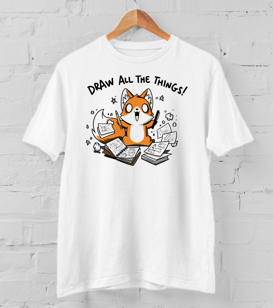 Fox With Sketchbooks And Pens Enthusiastically Draw All The Things T-Shirt