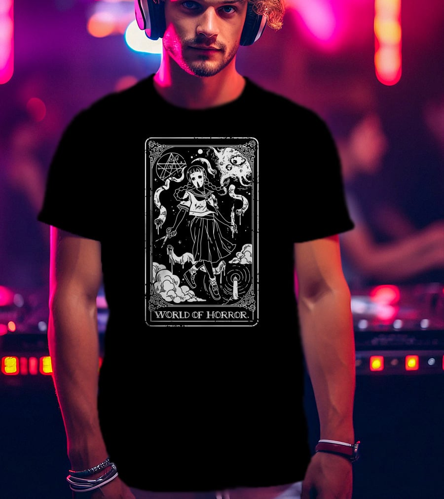 World Of Horror Ominous Tarot Card Art With Skeleton Ghosts And Moon T-Shirt