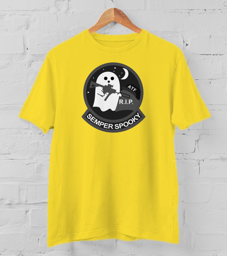 Semper Spooky Ghost With ATF Rifle And RIP Moon Badge T-Shirt