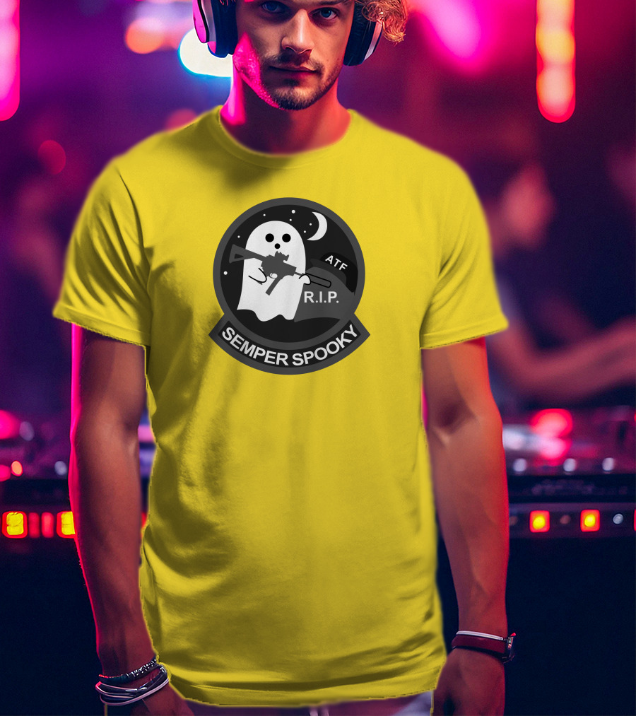 Semper Spooky Ghost With ATF Rifle And RIP Moon Badge T-Shirt