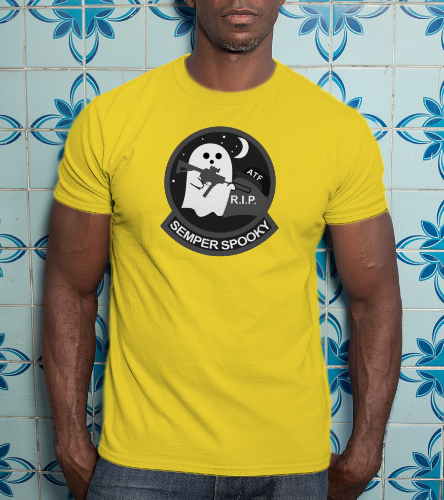 Semper Spooky Ghost With ATF Rifle And RIP Moon Badge T-Shirt