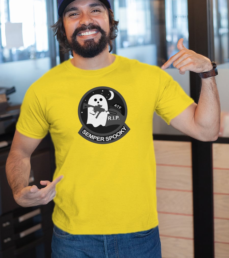Semper Spooky Ghost With ATF Rifle And RIP Moon Badge T-Shirt