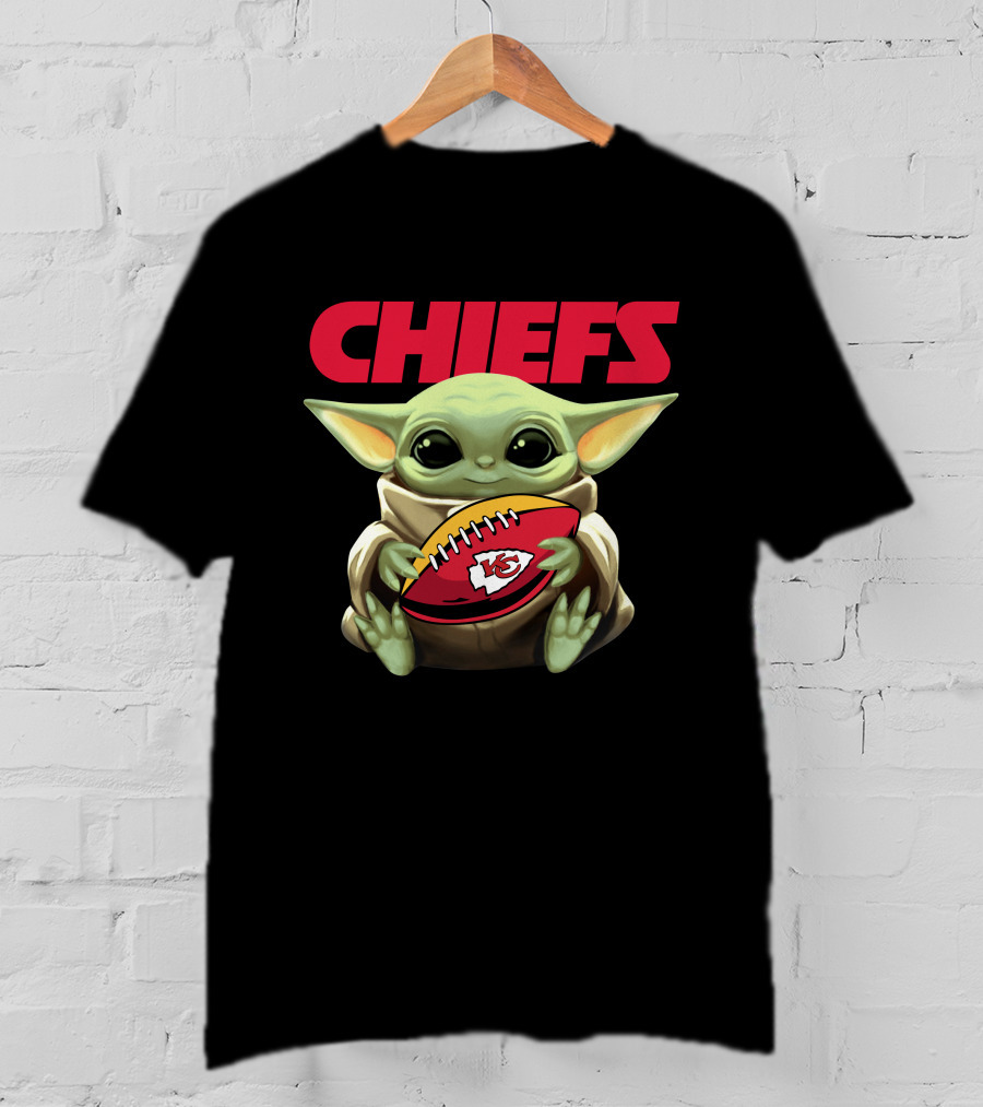 CHIEFS Baby Yoda Holding KC Chiefs Football T-Shirt