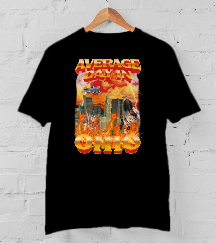 Average Day In Ohio Flaming Cityscape Fighter Jets Chaos T-Shirt