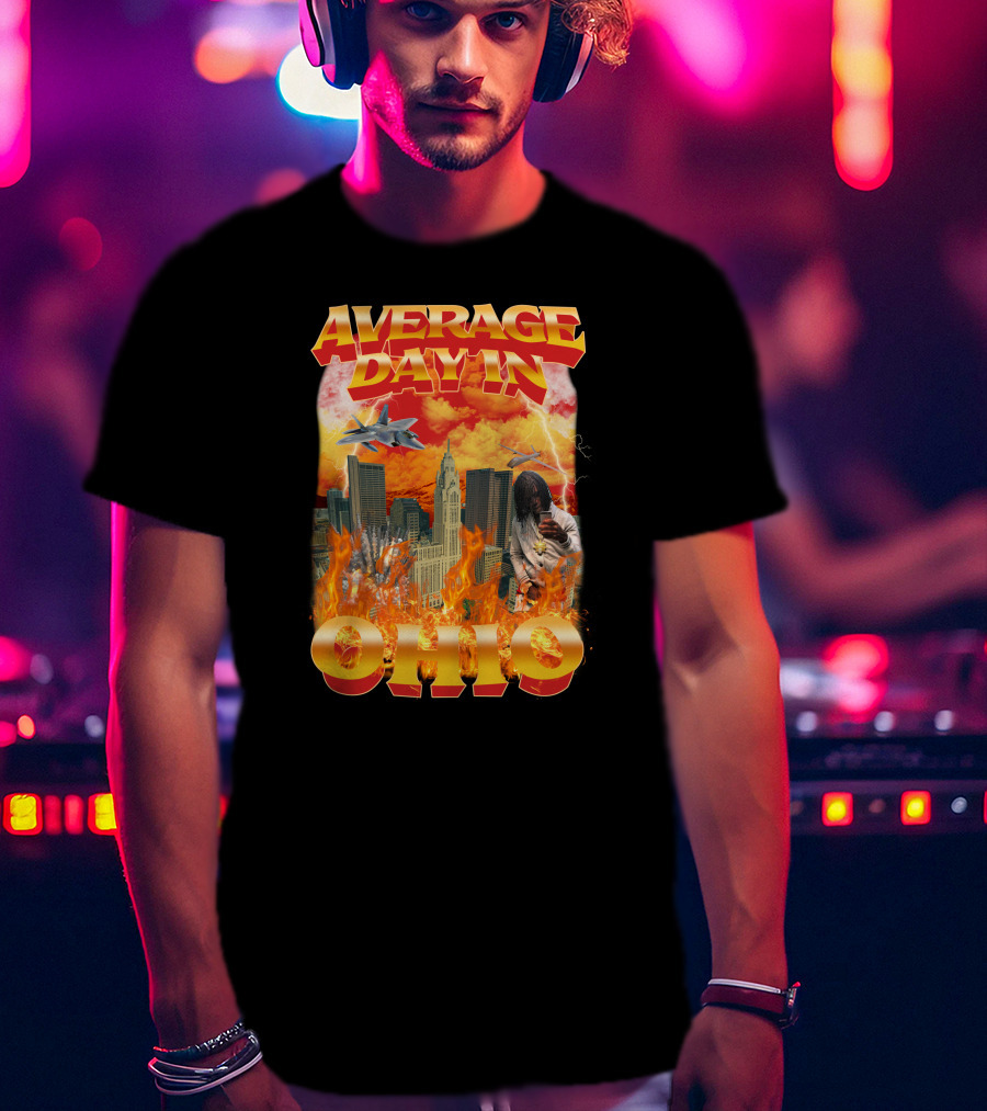 Average Day In Ohio Flaming Cityscape Fighter Jets Chaos T-Shirt