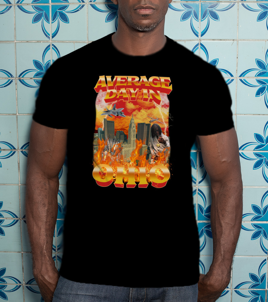 Average Day In Ohio Flaming Cityscape Fighter Jets Chaos T-Shirt