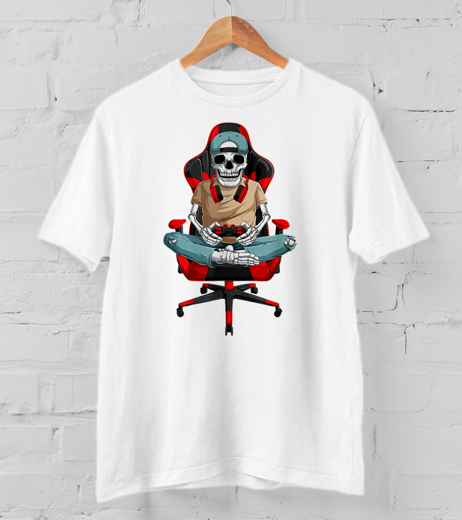 Skeleton Gamer In Cool Chair With Headphones And Controller T-Shirt