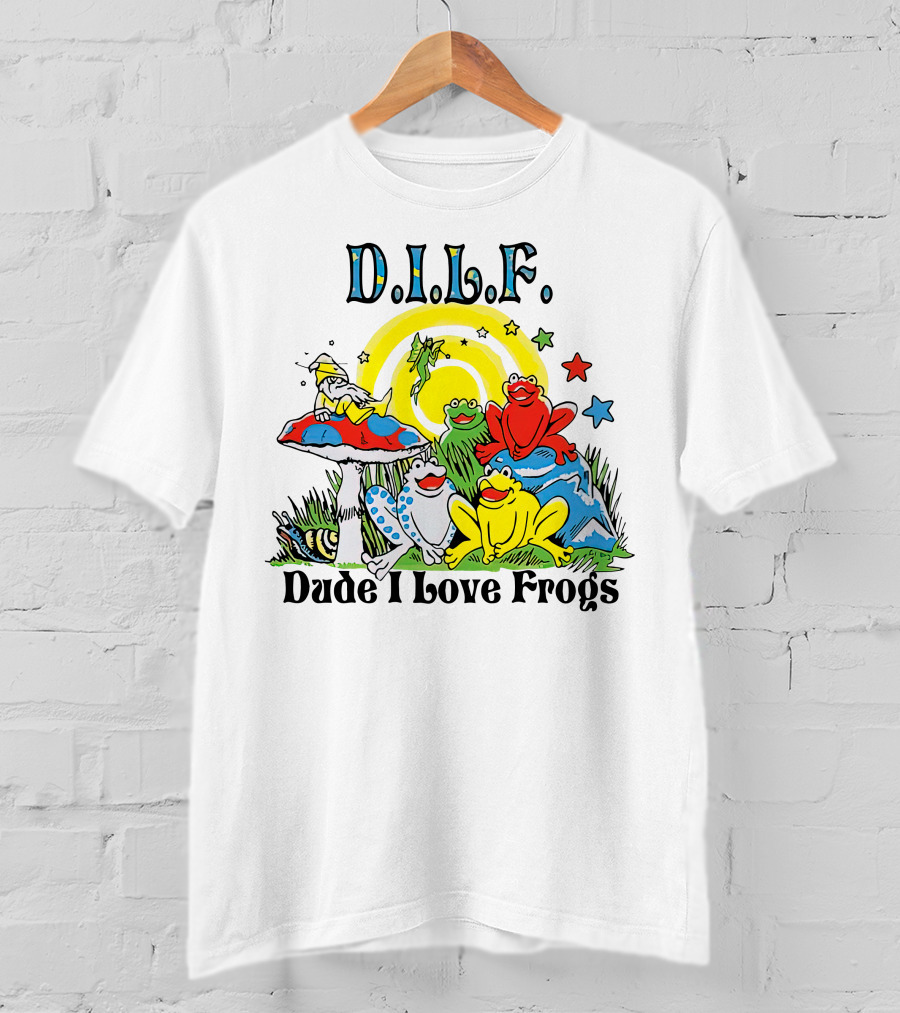 D.I.L.F. Dude I Love Frogs Colorful Frog Scene With Stars And Mushrooms T-Shirt